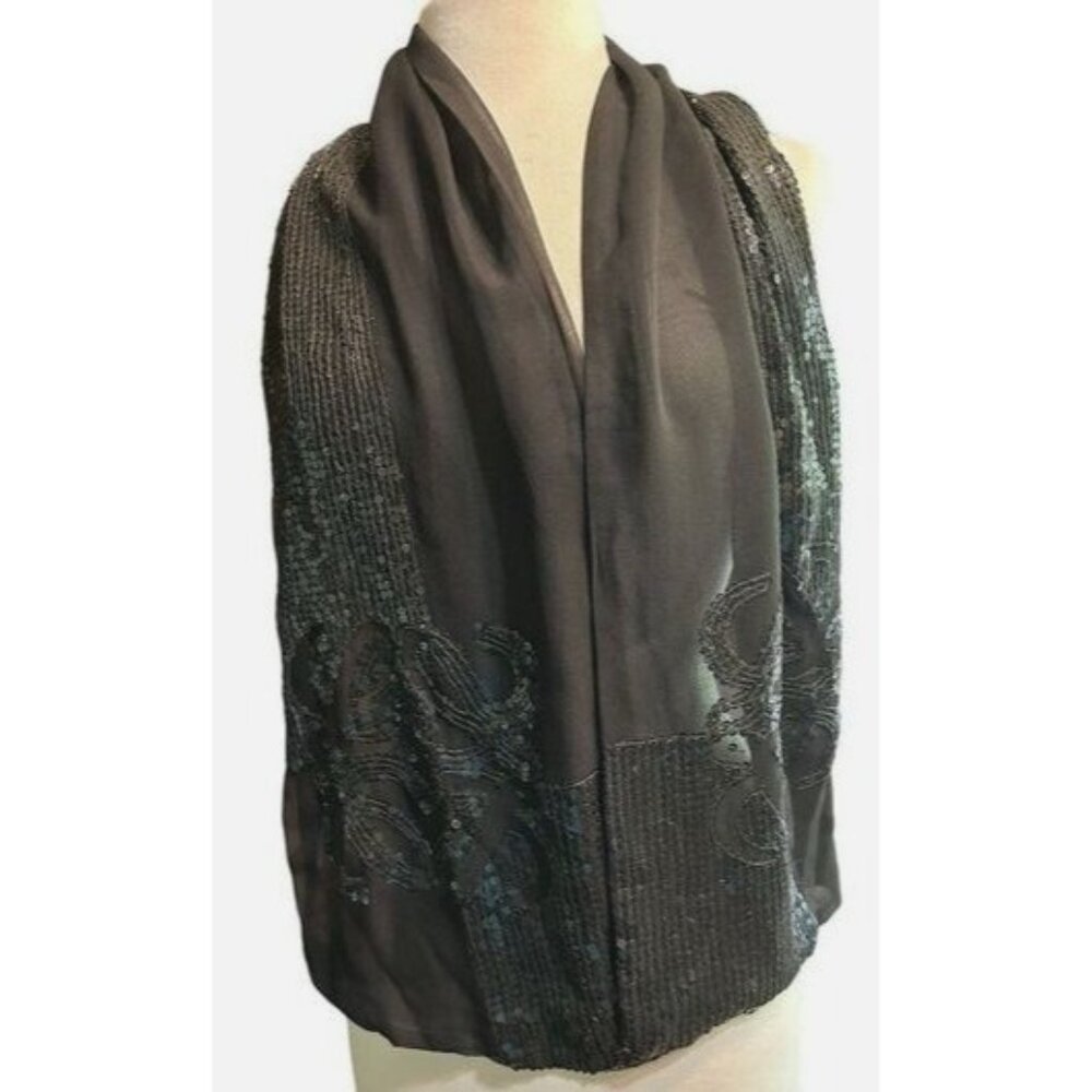 Vintage Black Silk Sequin Scarf Italian